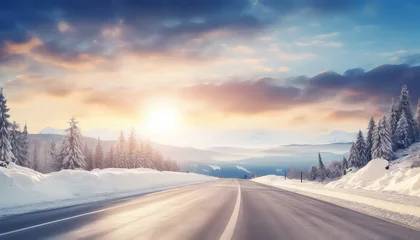Poster Beautiful winter road at sunset © terra.incognita