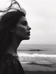 Profile shot of a free-spirited woman by the shore with waves and tide in black and white. - 652333330