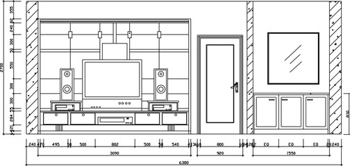 Vector sketch illustration of interior design of television backdrop furniture and furniture to scale