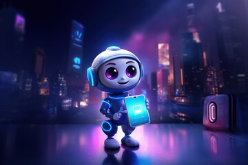 An adorable cartoon artificial intelligence chatbot robot holds a digital tablet, showcasing AI's impact on online conversations and LLM language models in applications.