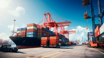 Foto op Plexiglas crane loading cargo container import container ship in the international terminal logistic sea port © opolja