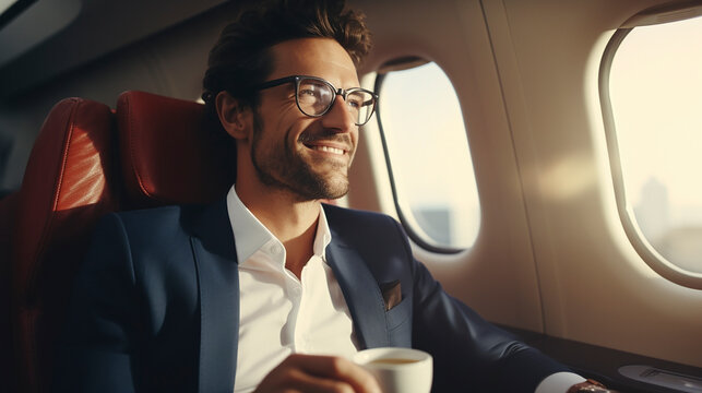 Portrait of successful male drinking whiskey while taking a first class flight for work, concepts about business and mobility