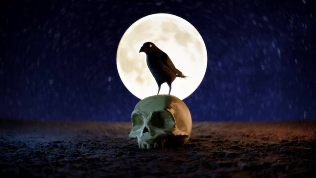 Crow sits on a skull 3d animation. Raven, crow, skull, halloween, spooky, moon, night 