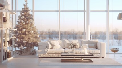 Christmas cozy home interior. Christmas room with a decorated Christmas tree. - obrazy, fototapety, plakaty