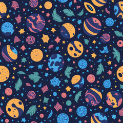 Cosmic Seamless Patterns of Planets and Stars - Vector Art