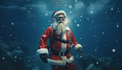 Santa Claus is diving on a tropical island