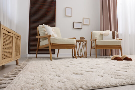 Stylish Living Room With Soft White Carpet And Furniture, Low Angle View. Interior Design