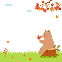 A bear holding a maple leaf on a stump. Autumn elements background.
