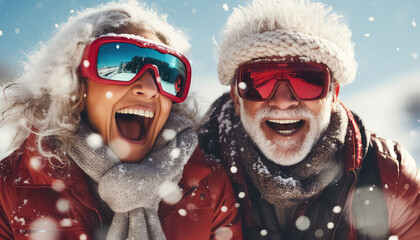 Portrait selfie of two happy people together in winter forest - obrazy, fototapety, plakaty