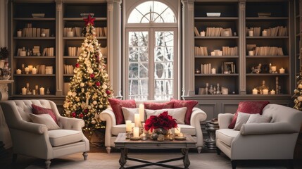 Christmas cozy home interior. Christmas room with a decorated Christmas tree.