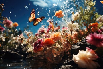 Obraz na płótnie Canvas Garden enchanted in spring: flowery trees, butterflies and serene stream., generative IA