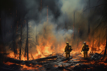 Obraz premium firefighters in the forest with burning fire