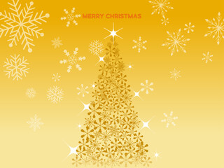 雪の結晶のクリスマスツリーと金色の背景