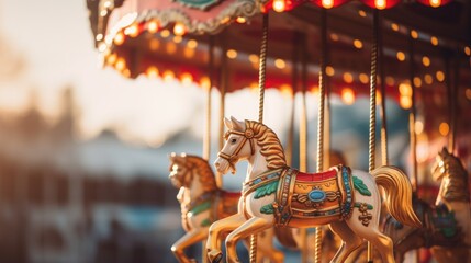Merry go round horses carousel close up view with copy space