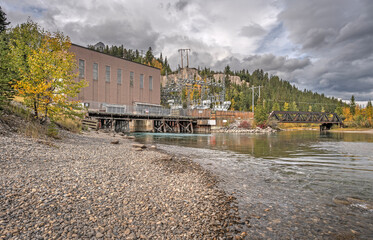 Small hydroelectric plant on the Bow River in the town of Canmore, Alberta, Canada