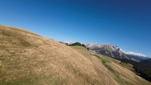SPV drone flight over the Plateau de Beauregard, between La Clusaz and Manigod, Haute-Savoie, France.
With the backdrop, beyond the plateau, of the Aravis mountain range and the Mont-Blanc mountain ra