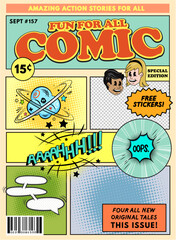 Vintage comic adventure magazine cover mockup design. Vector illustration