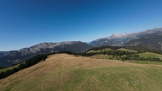 SPV drone flight over the Plateau de Beauregard, between La Clusaz and Manigod, Haute-Savoie, France.
With the backdrop, beyond the plateau, of the Aravis mountain range and the Mont-Blanc mountain ra
