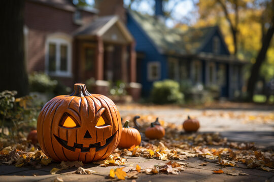 Halloween pumpkins in front of a house in the autumn park