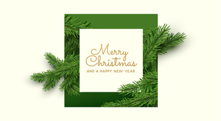 Festive natural christmas layout message with spruce tree cuttings. Vector illustration. - obrazy, fototapety, plakaty