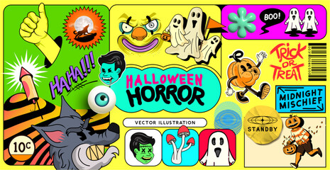 A fun collection of Halloween stickers and monsters! Vector illustration.