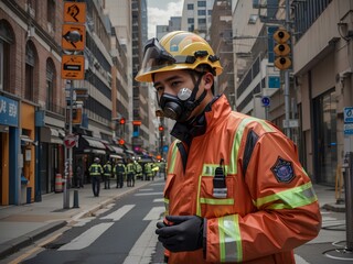 Male inspector team investigate danger chemical gas leak spill with safety face mask PPE suit in area closed barricade security tape. danger dirty area infected chemical leak spill cross stripe ribbon - obrazy, fototapety, plakaty