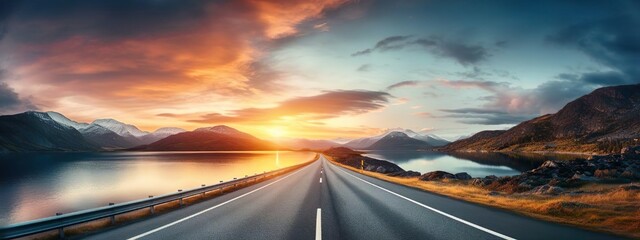 Lake and road at sunset