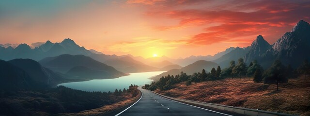 Lake and road at sunset