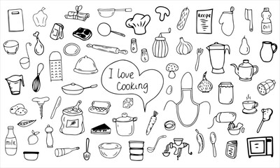 A set of vector black and white icons. The concept of cooking. Hand-drawn doodles. Icon, template, clipart, sketch. Kitchen, food, dishes, products, tools.