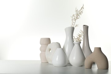 Different stylish vases and dried flowers on light table against white background, space for text