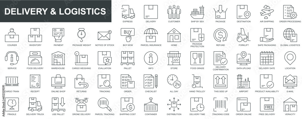 Poster delivery and logistics web icons set in thin line design. pack of express, air ship, order processin