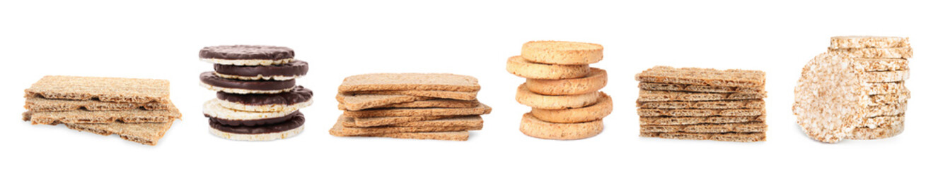 Set with tasty crispbreads on white background
