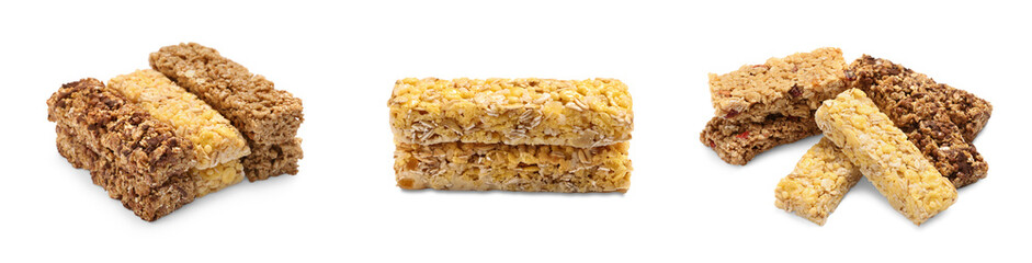 Collage with tasty granola bars on white background