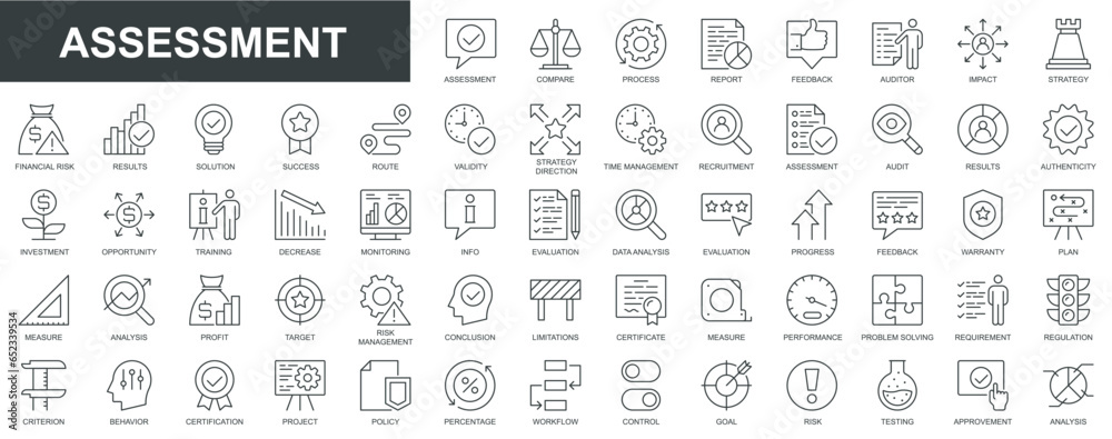 Poster assessment web icons set in thin line design. pack of process, report, feedback, auditor, solution, 