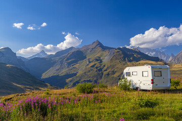 Landscape near Col du Petit-Saint-Bernard with Mont Blanc, on border France and Italy