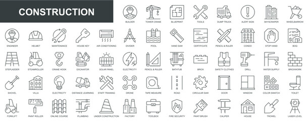 Fototapeta na wymiar Construction web icons set in thin line design. Pack of builder, tower, blueprint, tools, skyscraper, wheelbarrow, engineer, helmet, maintenance, house, supply, other. Vector outline stroke pictograms