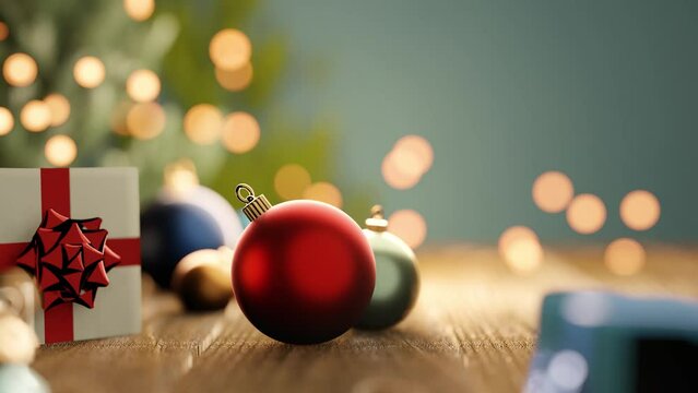 Christmas Decorations On A Wooden Table with baubles and presents.