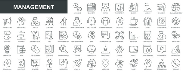 Management web icons set in thin line design. Pack of meeting, partnership, career, mission, global business, promotion, experiment, profit, staff productivity, other. Vector outline stroke pictograms