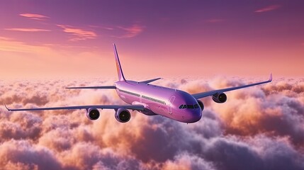 A purple plane flies in thick purple clouds