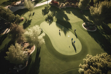 Aerial view of golfers on putting green