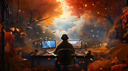 man in the office with a monitor PC on a desk with autumn background.