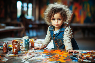 Stirring scene of a frustrated child in preschool, surrounded by bright paints and canvas, facing challenges during art class.