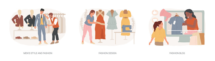 Style and beauty expert isolated concept vector illustration set. Fashion design, men style, fashion blog, shopping sprees, beauty trends, casual clothing, brand promotion vector concept.