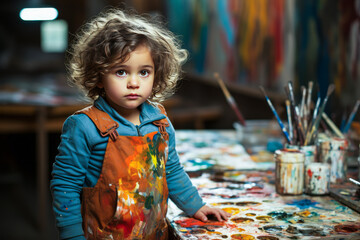 Expressive image of a frustrated child in art class, painting on an easel while displaying vivid emotions. Perfect representation of school, creativity struggles & challenges.