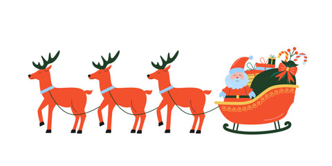 Santa Claus  in sleigh with pile of gifts and bag, and reindeers. Winter holiday, Christmas and New Year celebration. Flat vector illustration