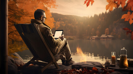 man sitting on a campfire reading on a tablet by the lake. - obrazy, fototapety, plakaty