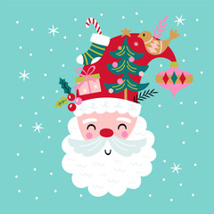 Christmas holiday cute greeting card with Santa and decorations. Childish print for cards, stickers, apparel and decoration. Vector illustration