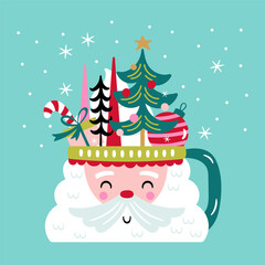 Christmas holiday cute cocoa chocolate Santa cup. Childish print for cards, stickers, apparel and decoration. Vector illustration