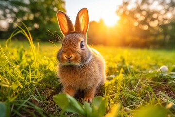 Fototapeta premium Close-up of cute rabbit with beautiful bokeh background