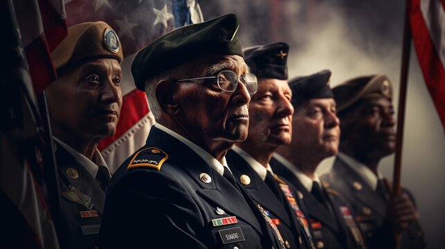 A heartening depiction of veterans from various branches of the military, standing proudly with medals